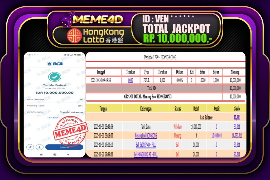 Bukti Jp MEME4D Togel Online 31 Oktober 2025