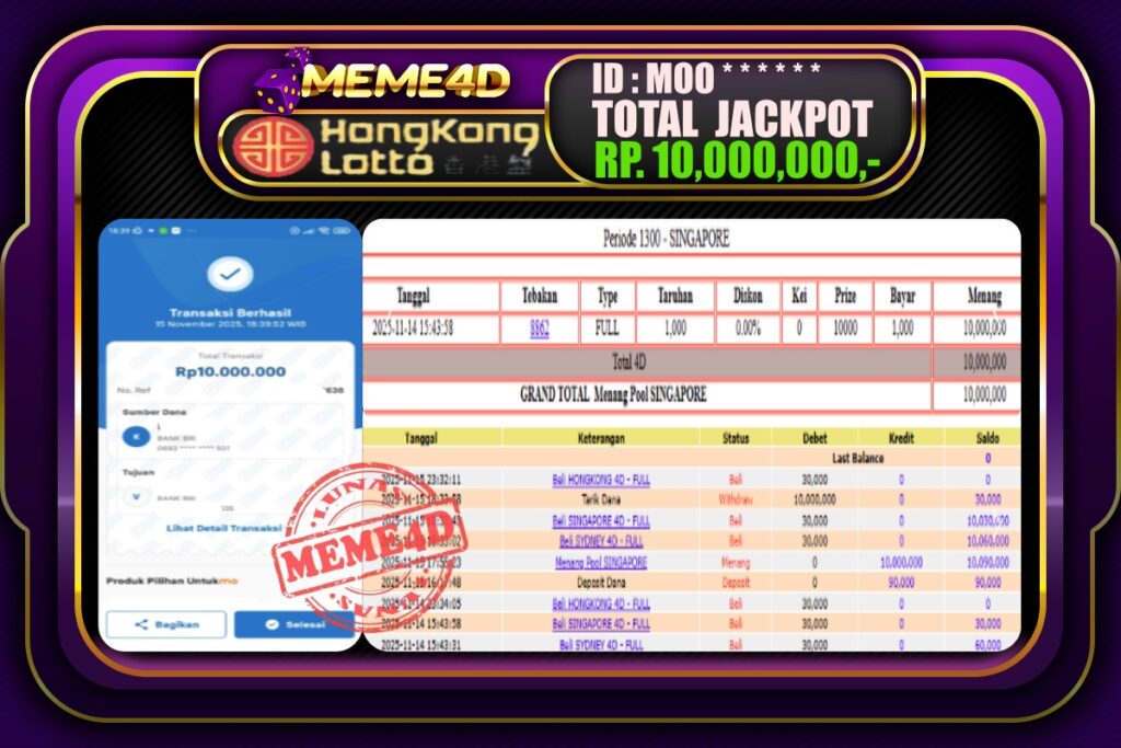 Bukti Jp MEME4D Togel Online 16 November 2025