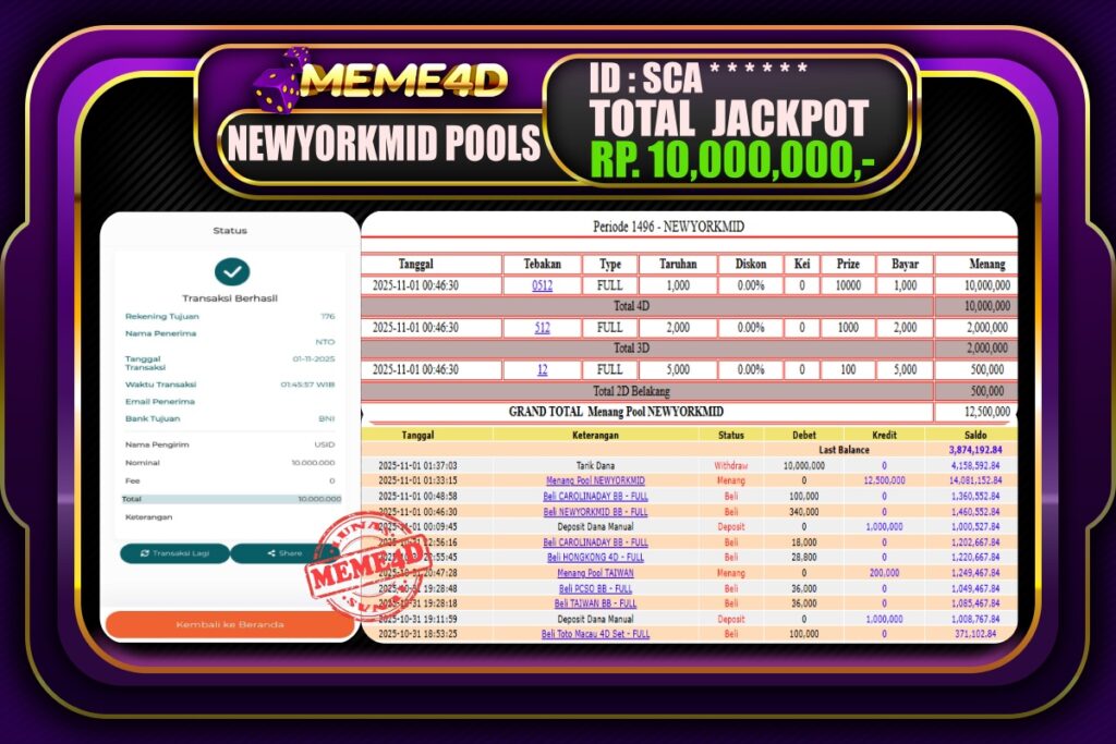 Bukti Jp MEME4D Togel Online 01 November 2025