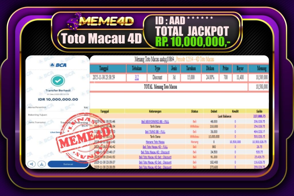 Bukti Jp MEME4D Togel Online 01 Desember 2025