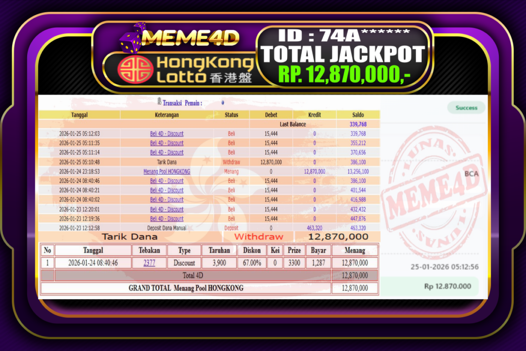 Bukti Jp MEME4D Togel Online 25 Januari 2026