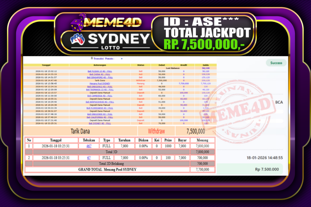 Bukti Jp MEME4D Togel Online 18 Januari 2026