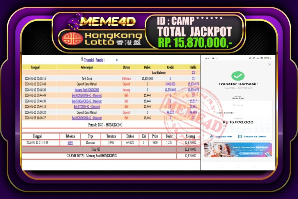 Bukti Jp MEME4D Togel Online 11 Januari 2026