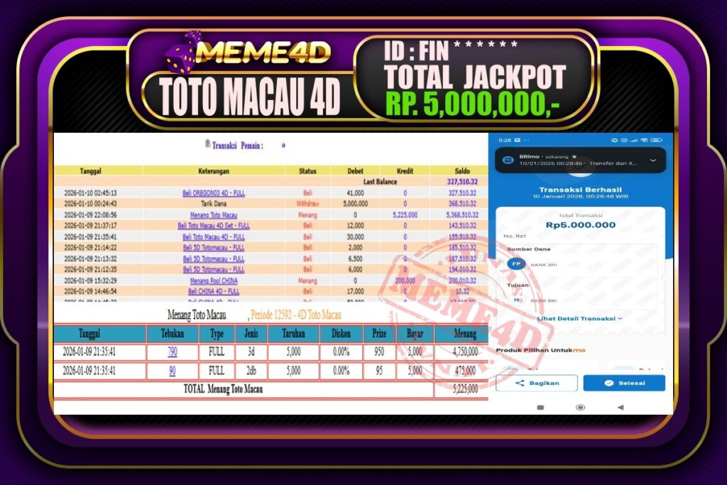 Bukti Jp MEME4D Togel Online 10 Januari 2026