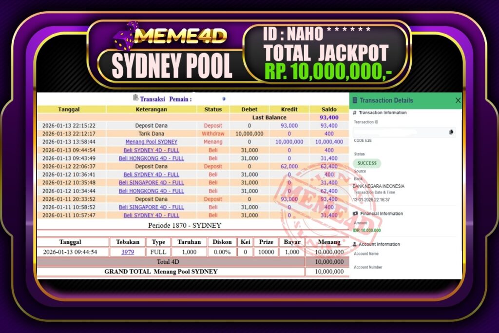 Bukti Jp MEME4D Togel Online 14 Januari 2026