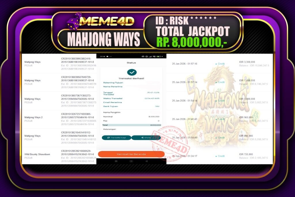 Bukti Jp MEME4D Slot Online 25 Januari 2026