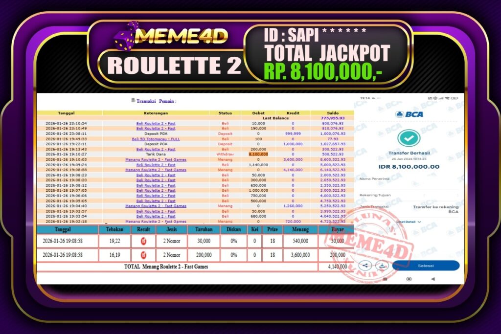 Bukti Jp MEME4D Casino Online 27 Januari 2026