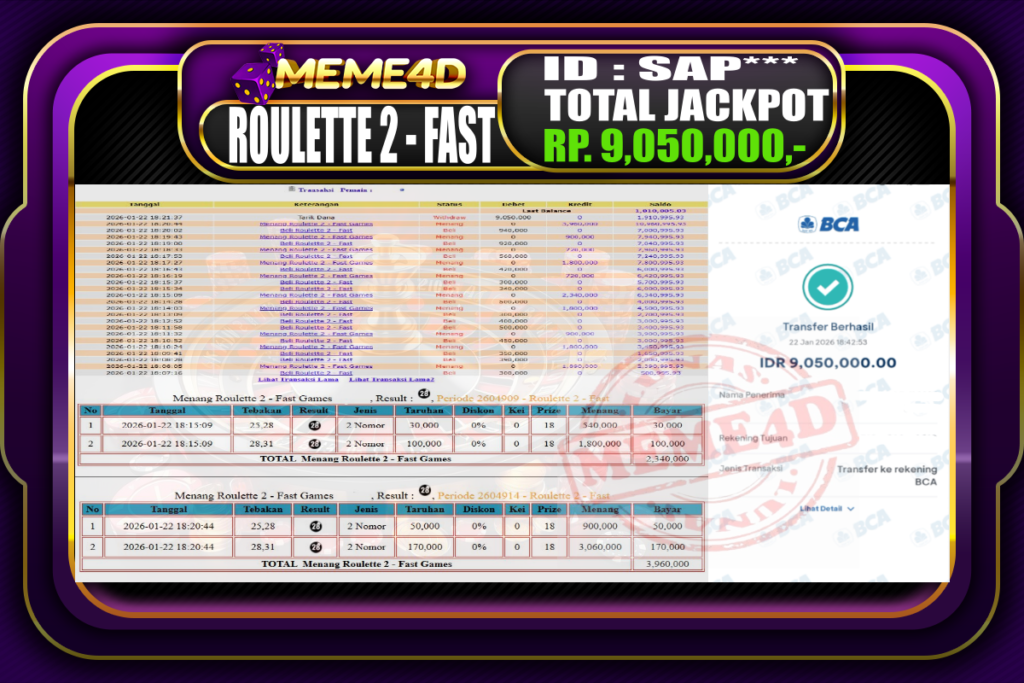 Bukti Jp MEME4D Casino Online 22 Januari 2026