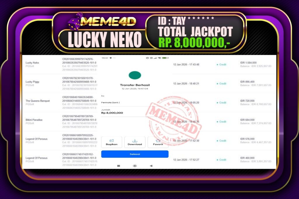 Bukti Jp MEME4D Slot Online 13 Januari 2026