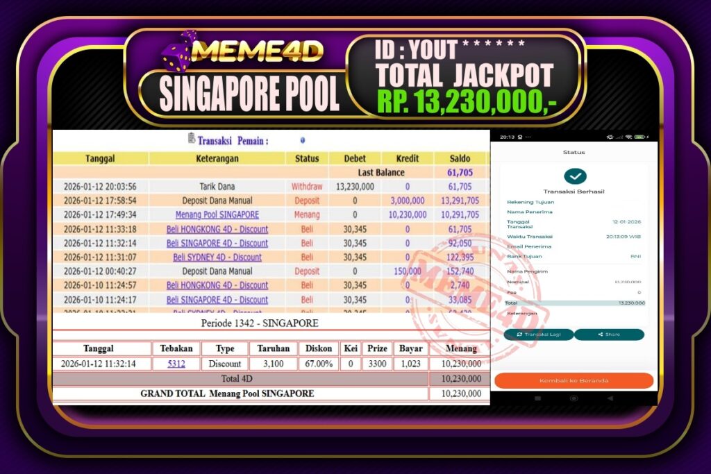 Bukti Jp MEME4D Togel Online 13 Januari 2026