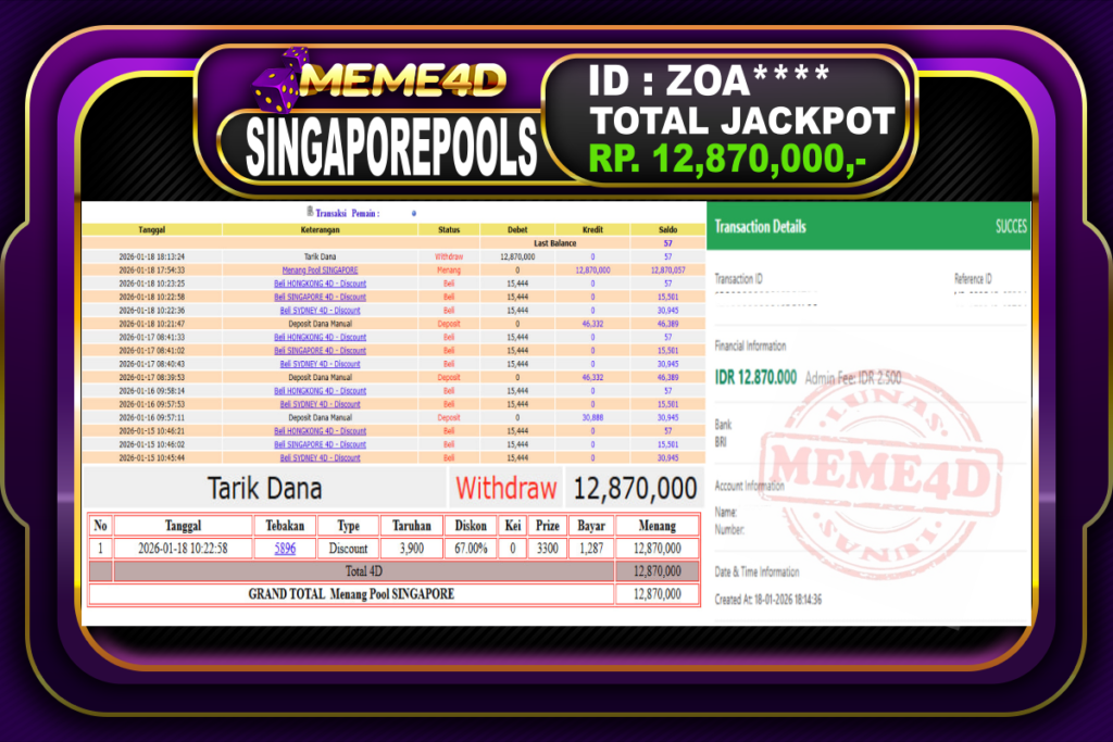 Bukti Jp MEME4D Togel Online 18 Januari 2026