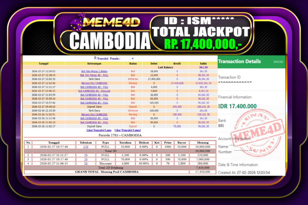 Bukti Jp MEME4D Togel Online 27 February 2026