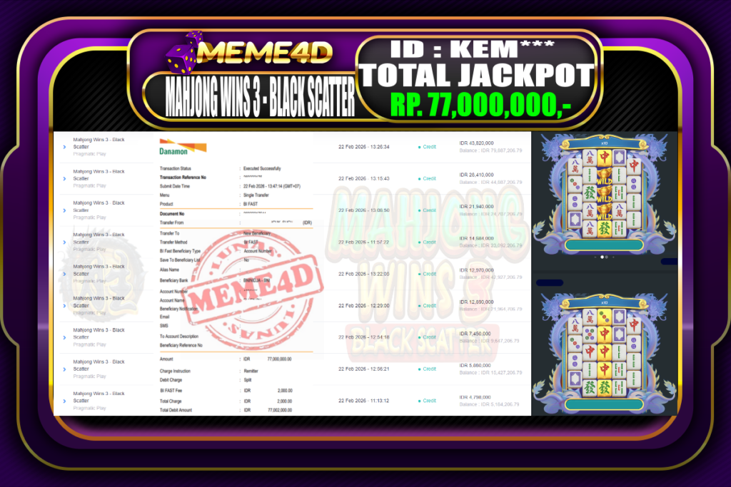 Bukti Jp MEME4D Slot Online 22 February 2026