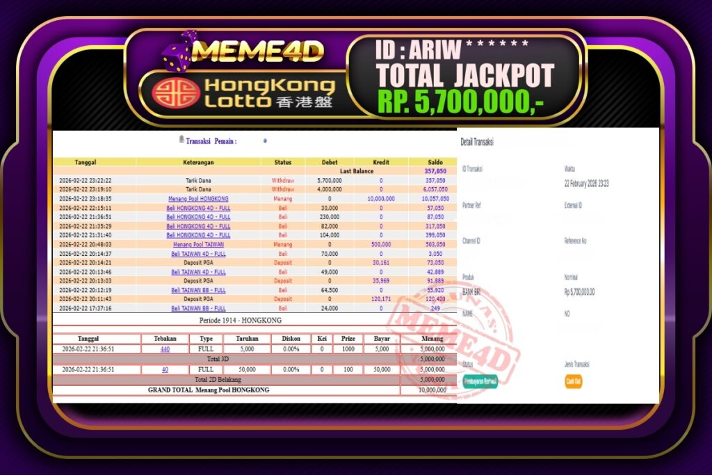 Bukti Jp MEME4D Togel Online 23 February 2026