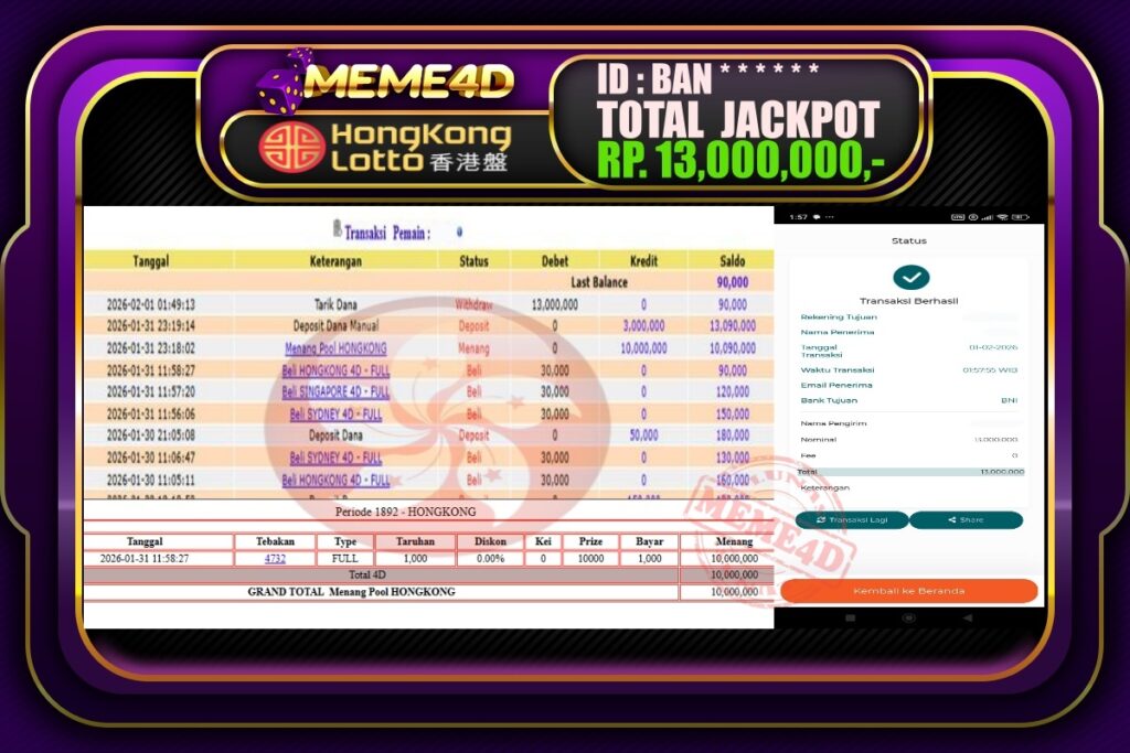 Bukti Jp MEME4D Togel Online 01 February 2026