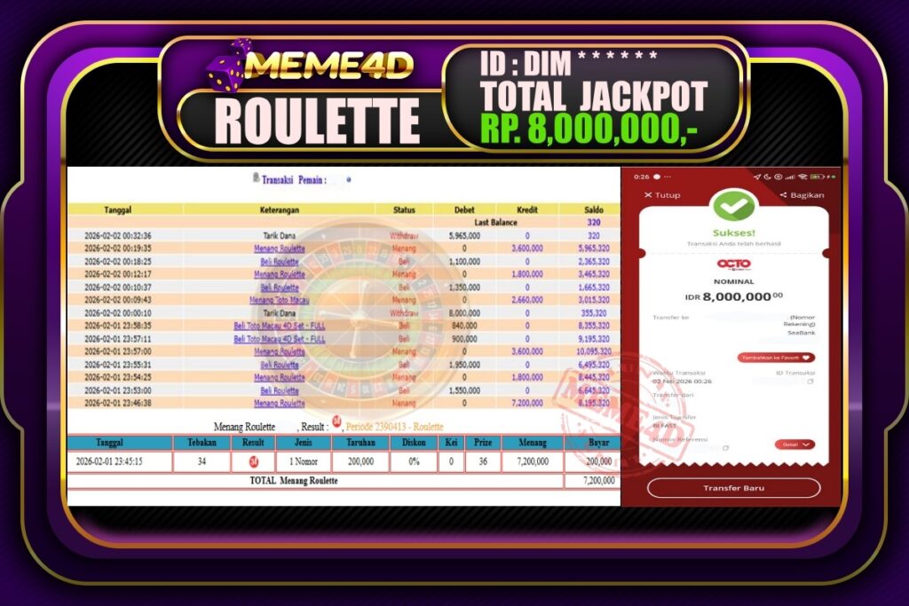 Bukti Jp MEME4D Casino Online 02 February 2026