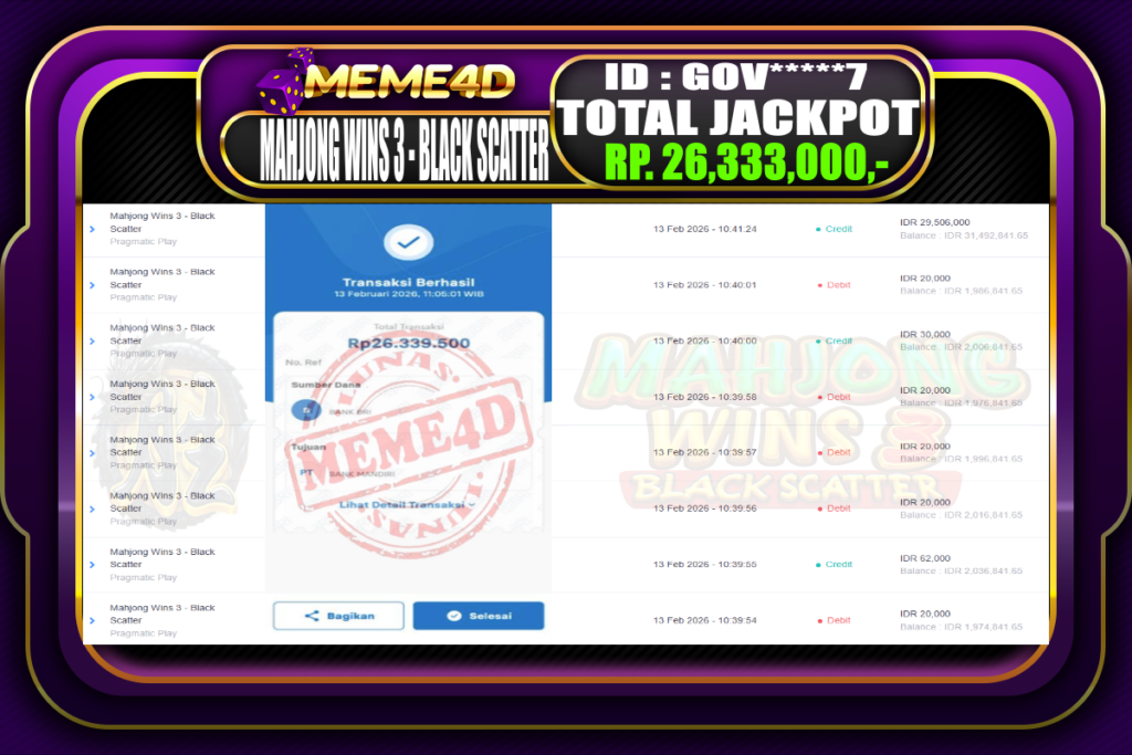 Bukti Jp MEME4D Slot Online 13 February 2026