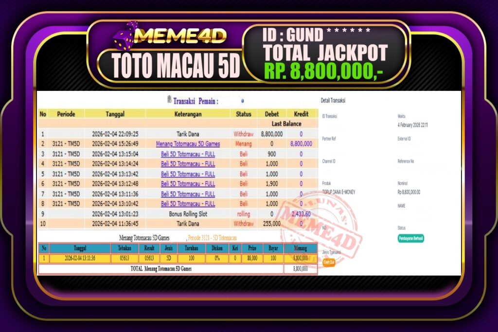 Bukti Jp MEME4D Togel Online 05 February 2026