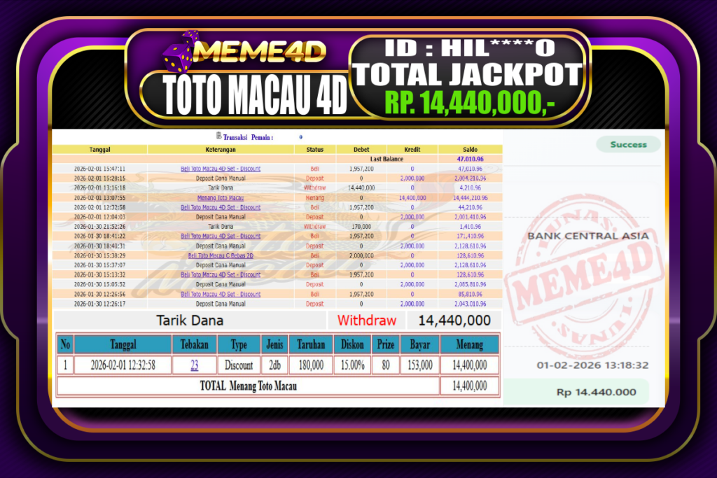 Bukti Jp MEME4D Togel Online 01 February 2026