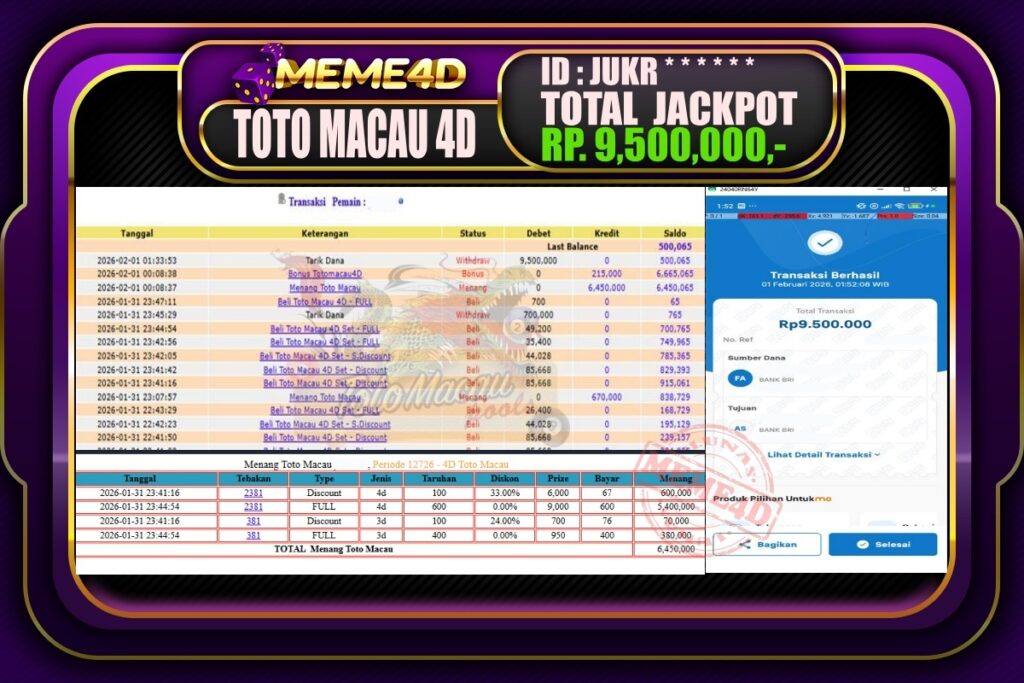 Bukti Jp MEME4D Togel Online 01 February  2026