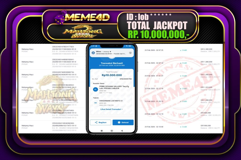 Bukti Jp MEME4D Slot Online 20 February 2026