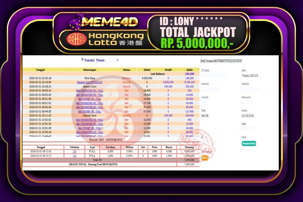 Bukti Jp MEME4D Togel Online 02 February 2026
