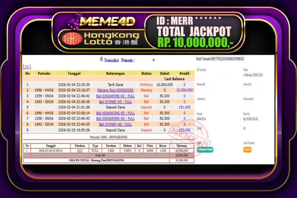 Bukti Jp MEME4D Togel Online 05 February 2026