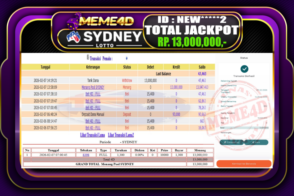 Bukti Jp MEME4D Togel Online 07 February 2026