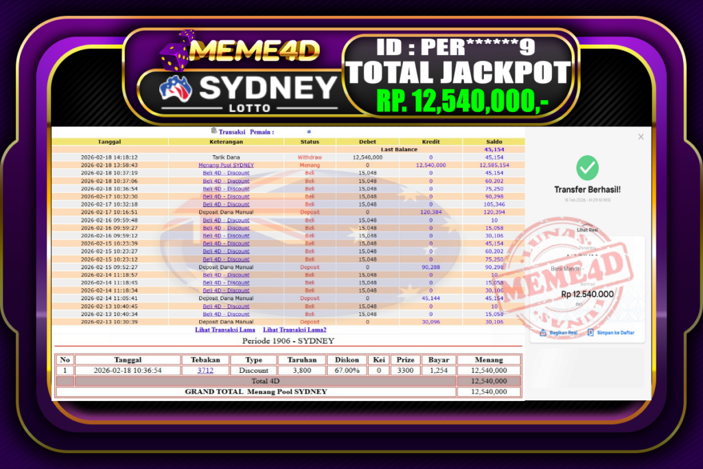 Bukti Jp MEME4D Togel Online 18 February 2026