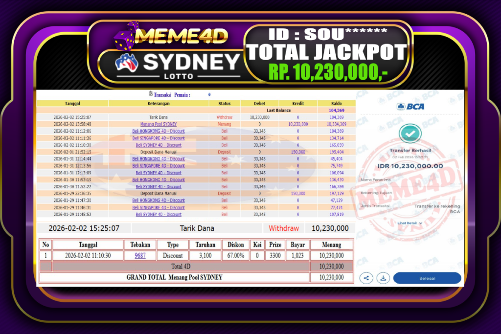 Bukti Jp MEME4D Togel Online 02 February 2026