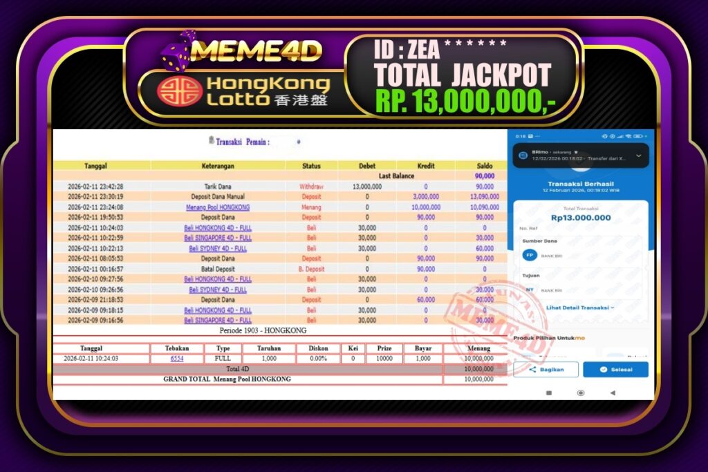 Bukti Jp MEME4D Togel Online 12 February 2026