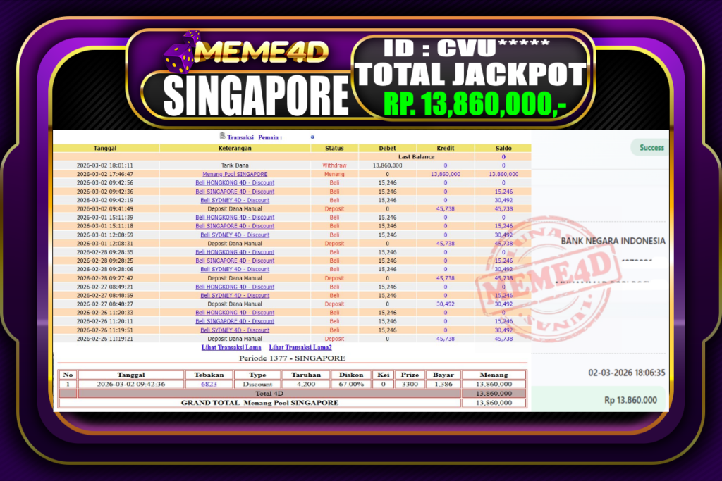 Bukti Jp MEME4D Togel Online 02 March 2026