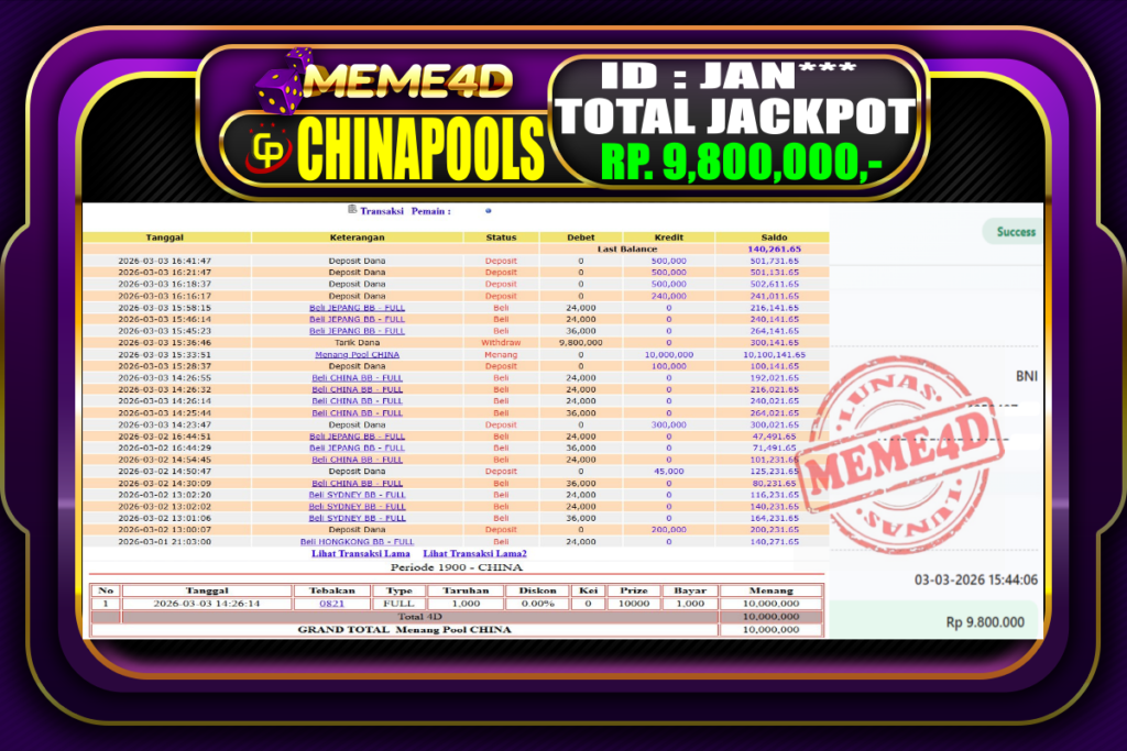 Bukti Jp MEME4D Togel Online 03 March 2026