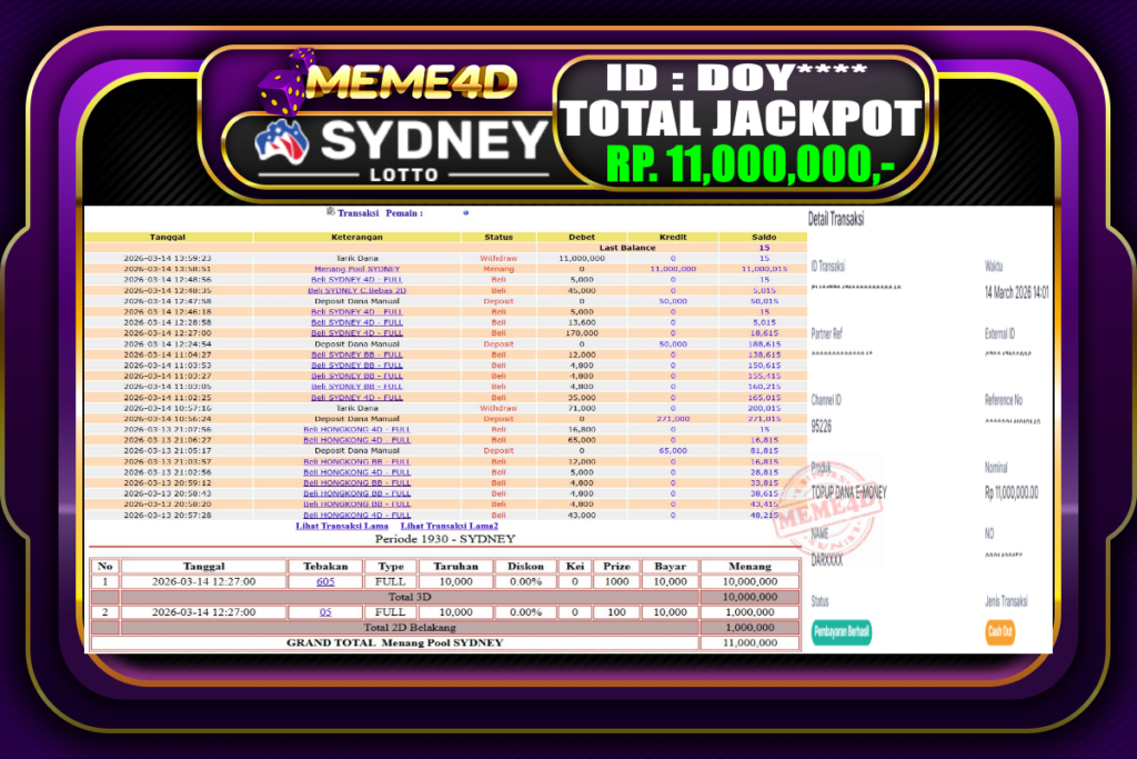 Bukti Jp MEME4D Togel Online 14 March 2026