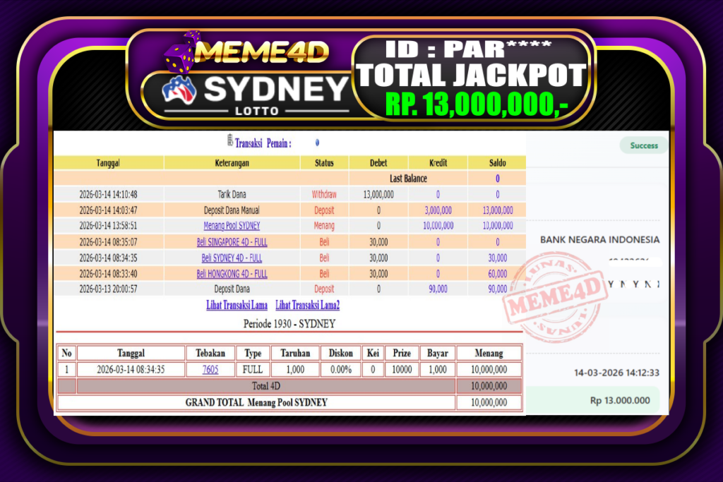 Bukti Jp MEME4D Togel Online 14 March 2026